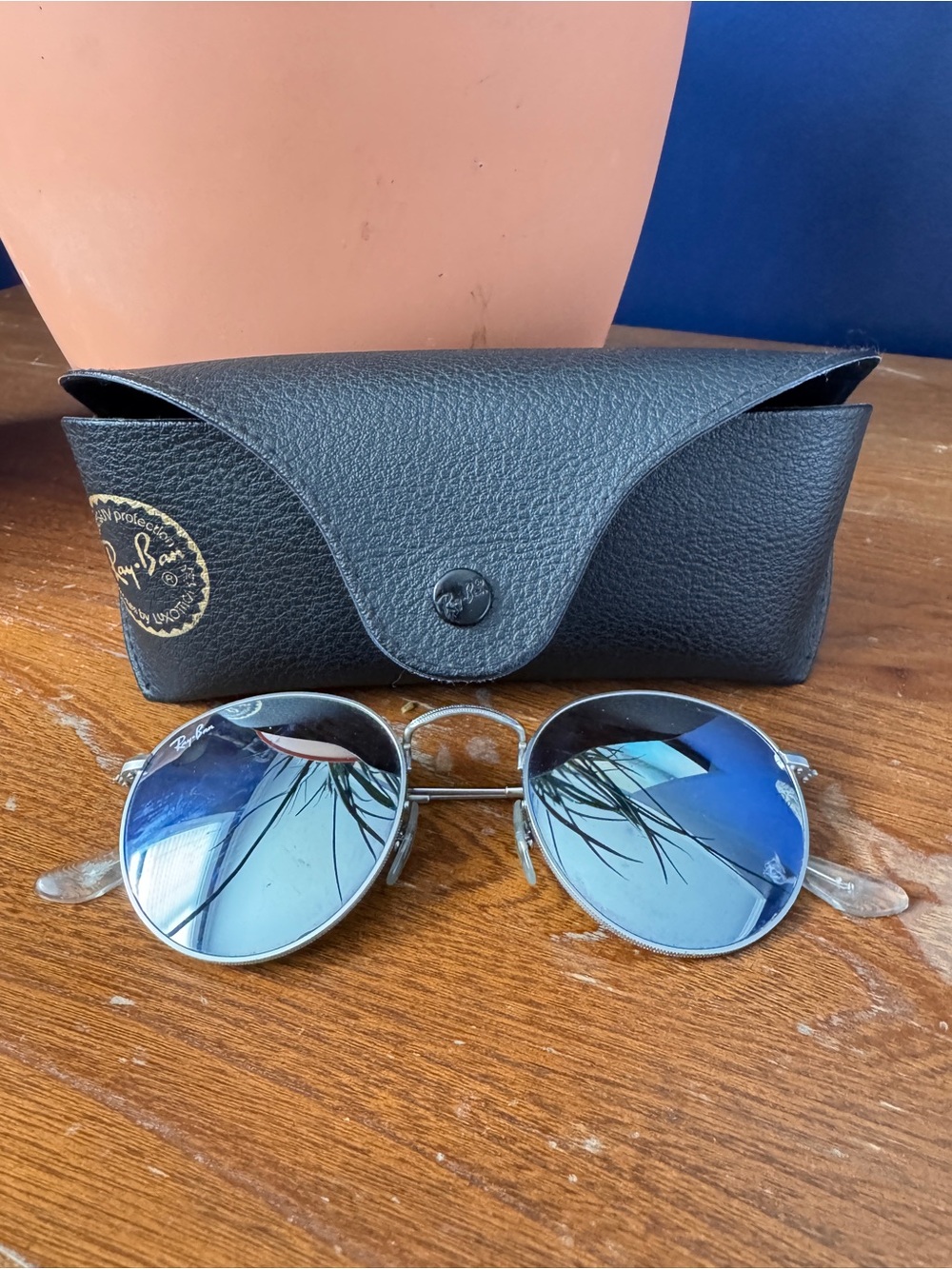 Ray-Ban RB3447 Round Metal Blue Mirrored Sunglasses + Case